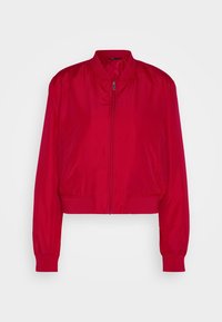 Rode bomberjack van lichtgewicht stof, met een ritssluiting, geribbelde manchetten en een cropped ontwerp. Soepele textuur en effen kleur.