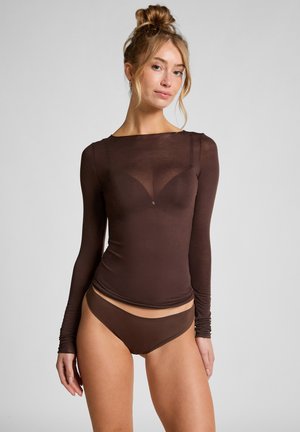 Long-sleeve brown top with a sheer neckline, paired with brown low-rise underwear. Both garments have a smooth texture and fitted design.