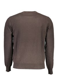 Maglione marrone lavorato a maglia, con maniche lunghe, scollatura a girocollo, polsini e orlo a coste, tessuto liscio e colore solido e uniforme.