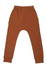 Braune Baumwoll-Jogginghosen mit einem dehnbaren Bund, seitlichen Taschen und Bündchen an den Knöcheln. Weiche Textur mit einem lässigen Schnitt.