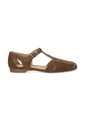 Brown suede closed-toe flat sandal with cut-out sides and silver buckle strap, shown from the side on a white background.