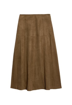 Brown suede A-line skirt featuring a high waist, vertical seams, and a smooth texture, falling below the knee with a flared silhouette.