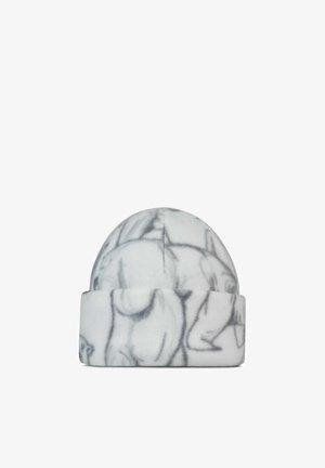 White beanie hat with a soft texture featuring gray abstract animal sketches. Rounded top with a folded cuff at the base.