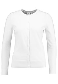 Biała kardigan z miękkiego materiału, z długimi rękawami, okrągłym dekoltem i zapinana na guziki z ribbowym wykończeniem na dole i przy mankietach.