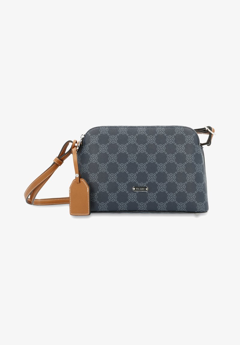 Graue Kunstleder-Crossbody-Tasche mit geometrischem Muster, braunen Akzenten, verstellbarem Gurt und metallischem Logo-Detail auf der Vorderseite.