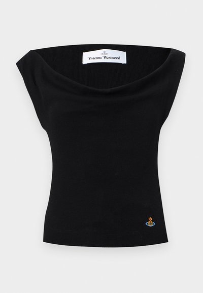Μαύρο αμάνικο ριμπ τοπ με φαρδιά ντεκολτέ έξω από τους ώμους και μικρό λογότυπο Vivienne Westwood κοντά στο τελείωμα.