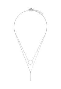 Naszyjnik srebrny z warstwami, z okrągłym wisiorkiem, akcentami w postaci koralików oraz pionowym prętem, wszystko o polerowanej powierzchni. Regulowana długość łańcuszka.