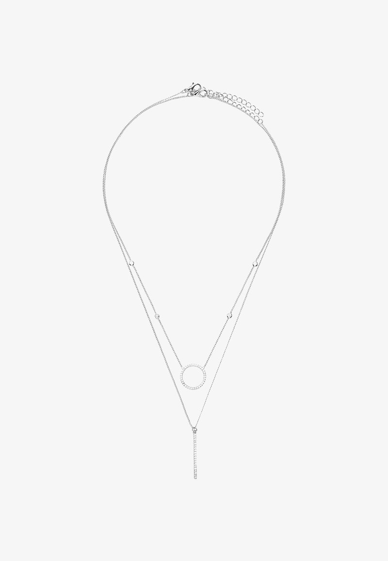 Naszyjnik srebrny z warstwami, z okrągłym wisiorkiem, akcentami w postaci koralików oraz pionowym prętem, wszystko o polerowanej powierzchni. Regulowana długość łańcuszka.