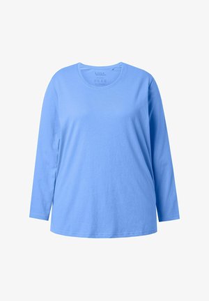 Hellblaues Langarm-T-Shirt aus weicher Baumwolle. Mit rundem Ausschnitt und lockerem Schnitt, glatter Textur und schlichtem Design.