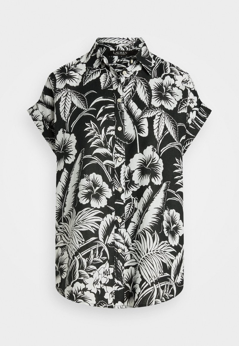 Kortärmad knäppskjorta i svart med vita blommor och bladmönster. Tillverkad av lättviktsmaterial, har en klassisk krage och rundad nederkant.