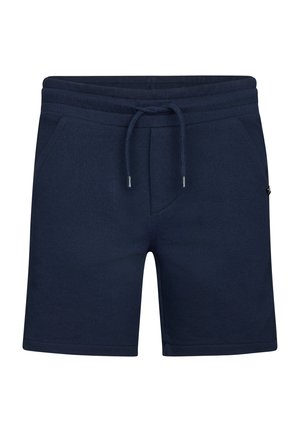 Marineblaue Strickshorts mit elastischem Bund, verstellbarem Kordelzug und zwei Fronttaschen.