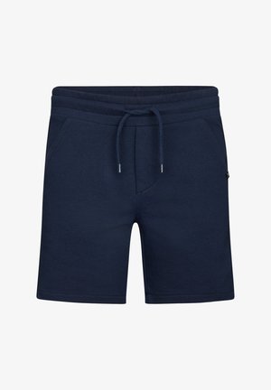 Granatowe dzianinowe szorty z elastycznym pasem, regulowanym sznurkiem i dwoma przednimi kieszeniami.