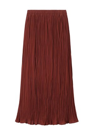 Jupe longue plissée en brun rouille avec une taille élastique, un design fluide et un tissu léger.