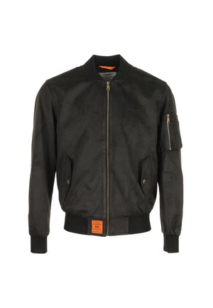 Giacca bomber nera con cerniera frontale, due tasche con bottoni, tasca con cerniera sulla manica, polsini e orlo a costine e etichetta arancione sulla vita.