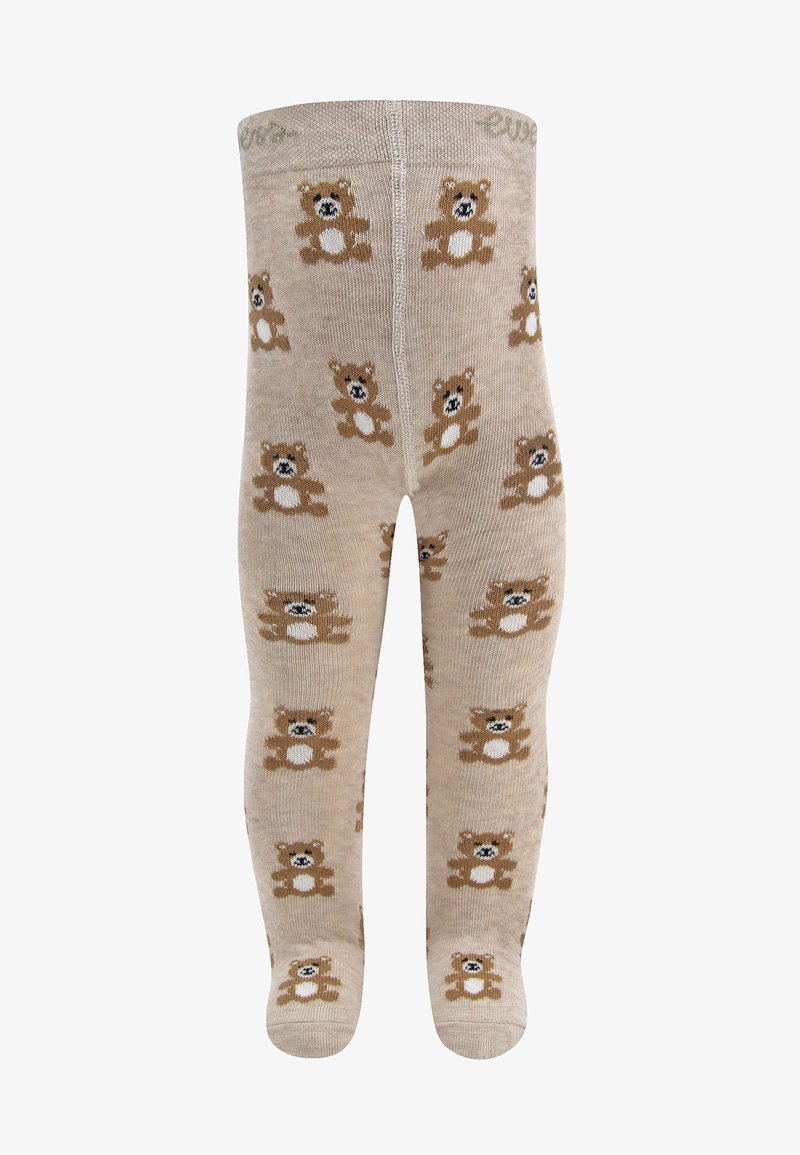 Beżowe rajstopy z powtarzającym się wzorem misia w kolorze brązowym, z białymi akcentami na brzuszku i czarnymi detalami dla oczu.