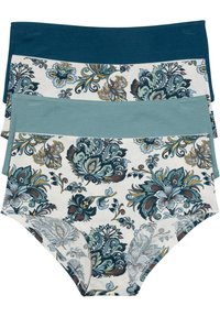 Ensemble de trois culottes pour femmes présentant des couleurs unies bleu et un motif floral avec des accents verts, marron et bleus sur un fond crème.