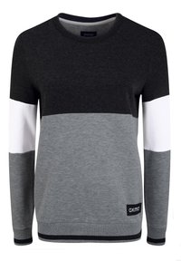 Suéter de manga larga para hombre con cuello redondo, parte superior negra, parte inferior gris, bandas blancas a la mitad de las mangas y puños y dobladillo con bordes negros.