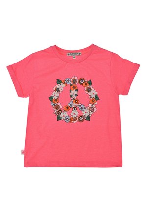 Bright pink short-sleeve kids' t-shirt with a floral peace symbol design in orange, white, and light purple flowers with green leaves.