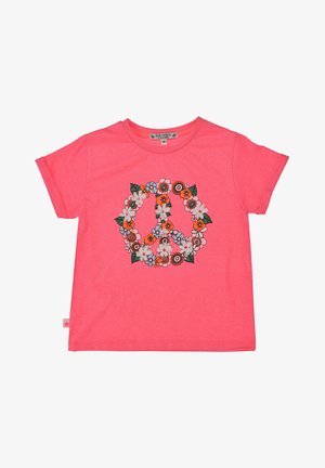 Helles pinkes Kinder-T-Shirt mit kurzen Ärmeln und einem Blumen-Friedenssymbol-Design in Orange, Weiß und hellvioletten Blumen mit grünen Blättern.