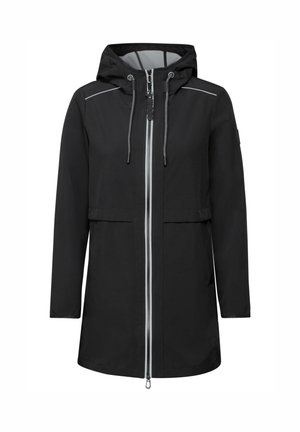 Veste étanche noire avec capuche, fermeture éclair frontale, cordons de serrage réglables et accents réfléchissants. Dotée de deux grandes poches avant.