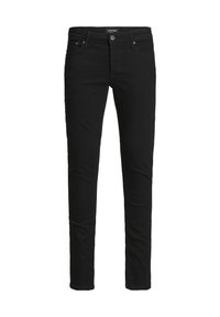 Černé džíny z denimu s úzkým střihem. Mezi rysy patří přední zapínání na knoflík, pět kapes a hladká textura. Minimalistický design.
