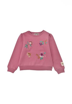 Rosa Baumwollpullover mit langen Ärmeln, gerippten Bündchen und Saum. Mit buntem floralen Stickerei-Design auf der Vorderseite und einem seitlichen Etikett-Detail.