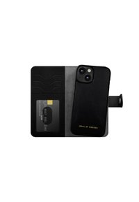 Svart lærtelefondeksel med kortlomme. Har en teksturert utside, gullmerke, og spor for kort. Kompakt og funksjonell design.