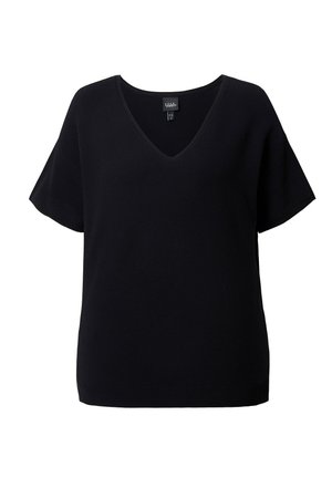 Top corto a maniche corte in maglia nera con scollatura a V profonda e vestibilità rilassata. Caratterizzato da una texture liscia e un orlo che si ferma all'altezza dei fianchi.