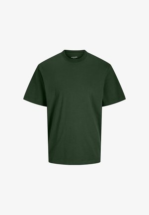 Tamnozelena pamučna majica s okruglim izrezom, kratkim rukavima i ležernim krojem. Glatka tekstura bez vidljivih uzoraka ili naglasaka.
