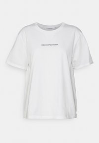 White cotton t-shirt with a crew neckline and short sleeves. Features "MSCHCOPENHAGEN" printed in black across the chest.