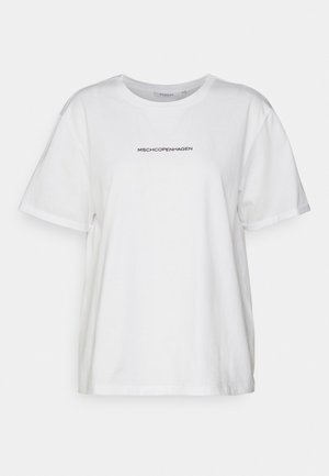 Weißes Baumwoll-T-Shirt mit Rundhalsausschnitt und kurzen Ärmeln. Mit "MSCHCOPENHAGEN" in Schwarz auf der Brust bedruckt.