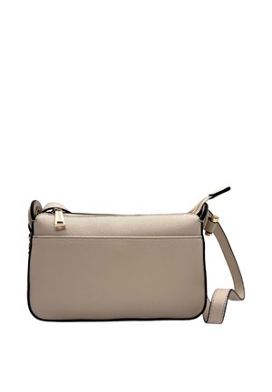Borsa a tracolla in pelle beige con bordi neri, cerniera dorata e tracolla regolabile su sfondo bianco.