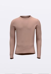 Lichtroze gebreide trui met lange mouwen, ronde halslijn, geribbelde boorden en zoom. Gladde textuur zonder zichtbare patronen of accenten.