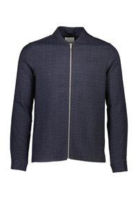 Marinblå kavaj med rutmönster, med hög krage, hel dragkedja och långa ärmar, tillverkad av ett strukturerat tyg.