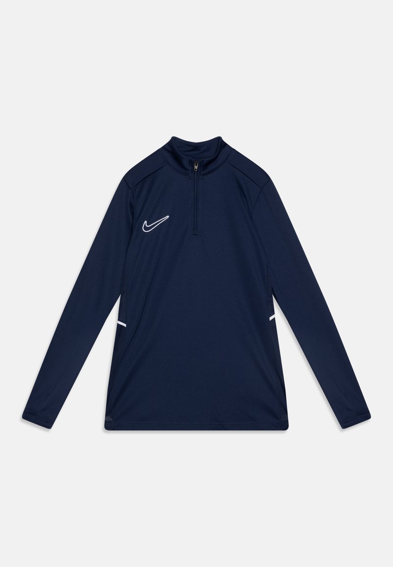 Marine langermet sports topp med halv-zip krage, hvit logo på brystet og sidepanel aksenter. Laget av pustende, lett stoff.