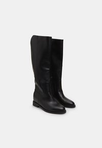 Knee-high black leather boots with a smooth texture, rounded toe, low block heel, and a side zipper for closure.