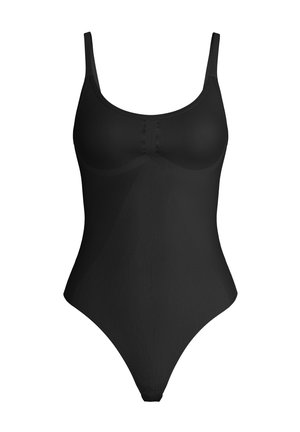 Black one-piece bodysuit with thin shoulder straps, molded bust, and high-cut leg openings, shown against a white background.