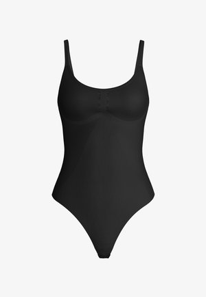 Black one-piece bodysuit with thin shoulder straps, molded bust, and high-cut leg openings, shown against a white background.