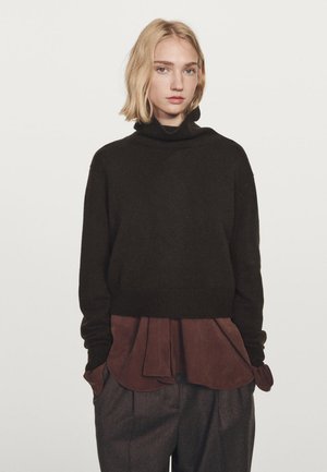 Maglione nero di maglia con colletto alto, indossato sopra una blusa plisse marrone scuro. La blusa ha un orlo arrotondato e maniche lunghe.