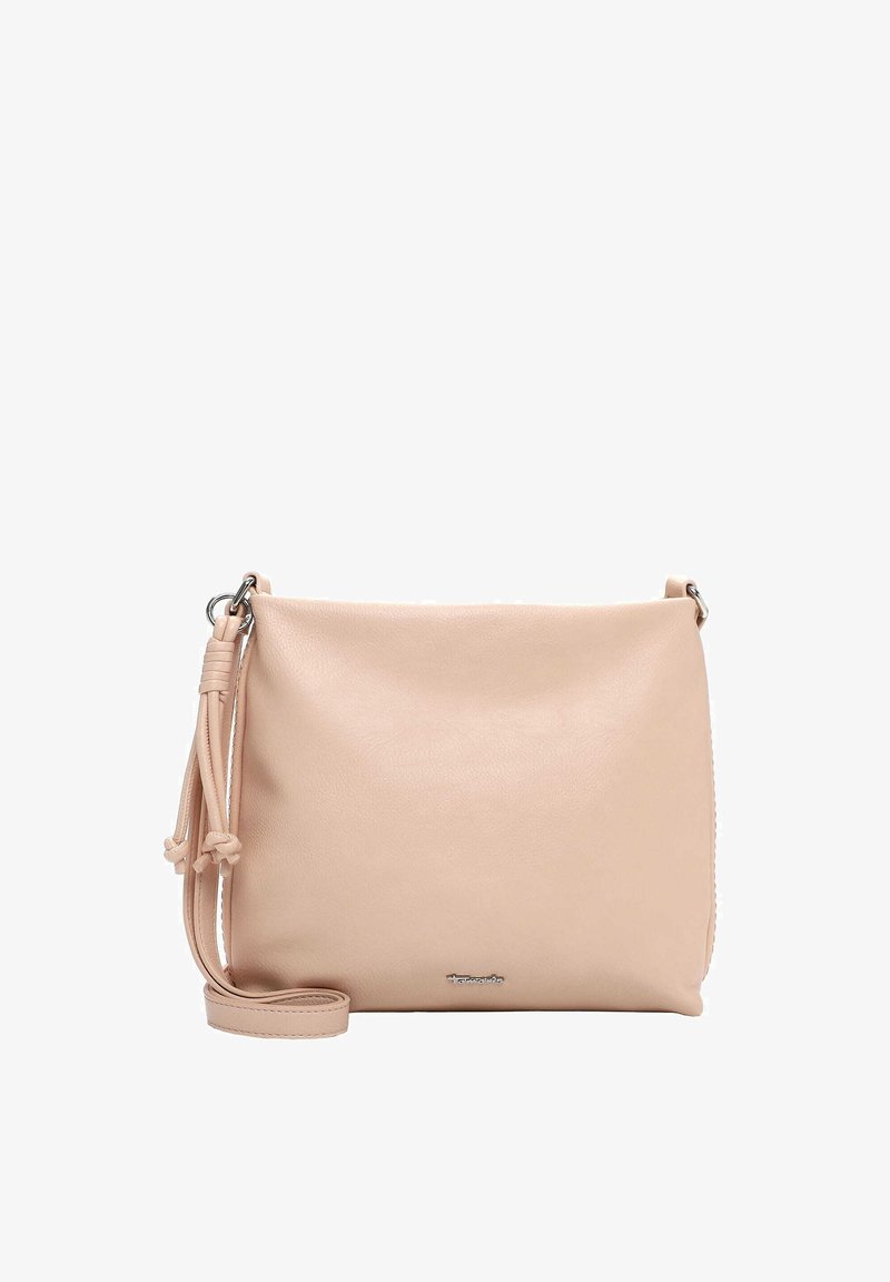Sac bandoulière en cuir rose avec une texture lisse, une fermeture éclair et une bandoulière détachable ornée d'un détail tressé.