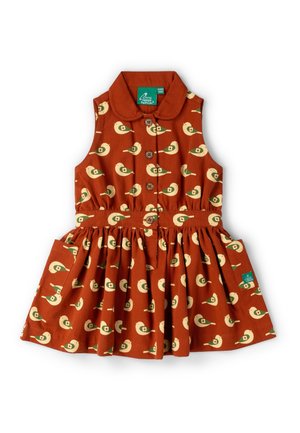 Ärmelloses, orange-braunes Kleinkindkleid mit Kragen, vorderen Knöpfen, gerafftem Rock, seitlichen Taschen und durchgehendem creme-grünem Vogelmotiv.