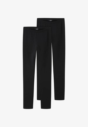 Fekete leggings sima, rugalmas anyagból. Magas derékú és szűk szabású. Két pár egymás mellett elhelyezve.