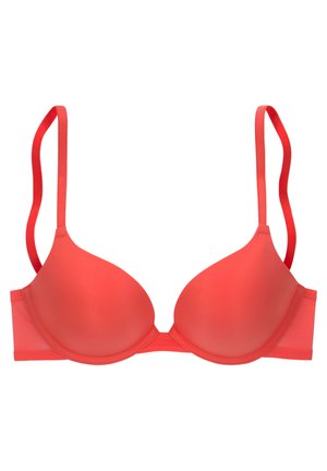 Reggiseno corallo con ferretto, coppe lisce e sagomate, spalline regolabili e design senza cuciture. Presenta una fascia posteriore testurizzata per il comfort.