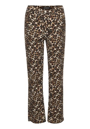 Leopardmønstrede bukser i beige, brun og sort. Lavet af et blødt stof, har de en ligefrem pasform og et klassisk liv.}}