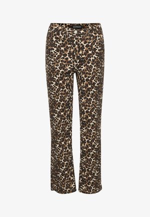 Hlače v leopardjem vzorcu v bež, rjavi in črni barvi. Narejene iz mehke tkanine, imajo ravne hlačnice in klasičen pas.