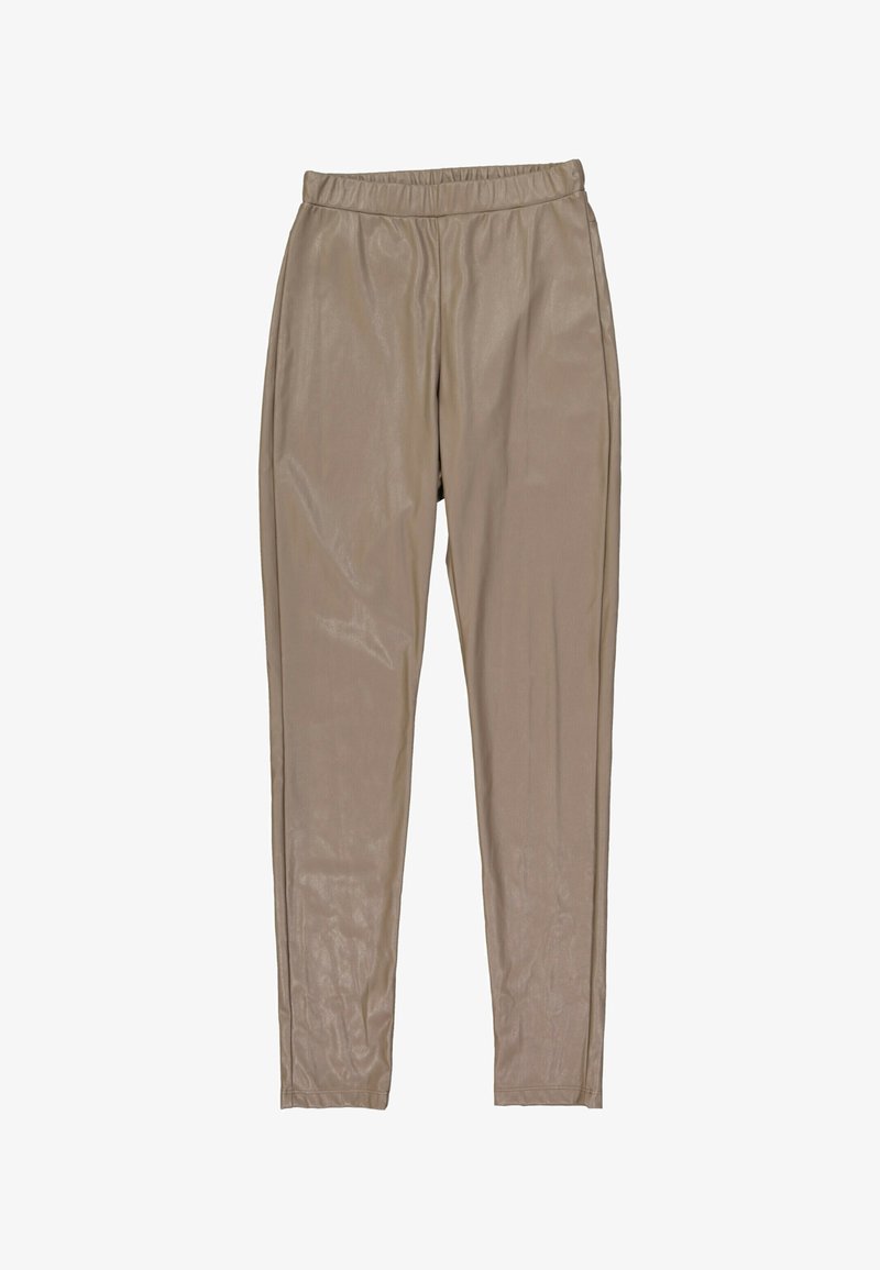 Pantalon slim beige en simili cuir avec taille élastique et sans poches visibles, présenté à plat sur fond blanc.