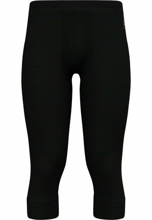 Black capri pants made of a smooth, stretchy fabric, featuring a wide waistband and reinforced seams for durability.