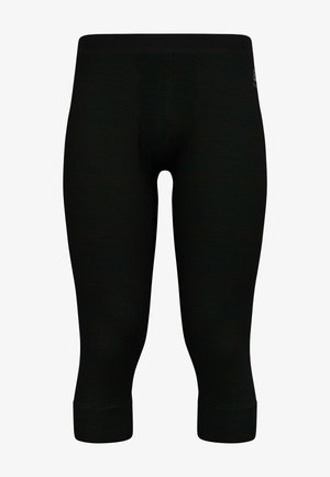 Zwarte capri-broeken van een gladde, rekbare stof, met een brede tailleband en verstevigde naden voor duurzaamheid.
