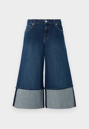 Denim culottes med en mørkeblå vask og en kontrasterende lyseblå kant, bred benpasning og traditionel fem-lommestil.