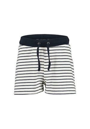 Gestreepte shorts met een witte basis en marineblauwe horizontale strepen. Voorzien van een marineblauwe elastische band en een trekkoord. Zachte textuur.